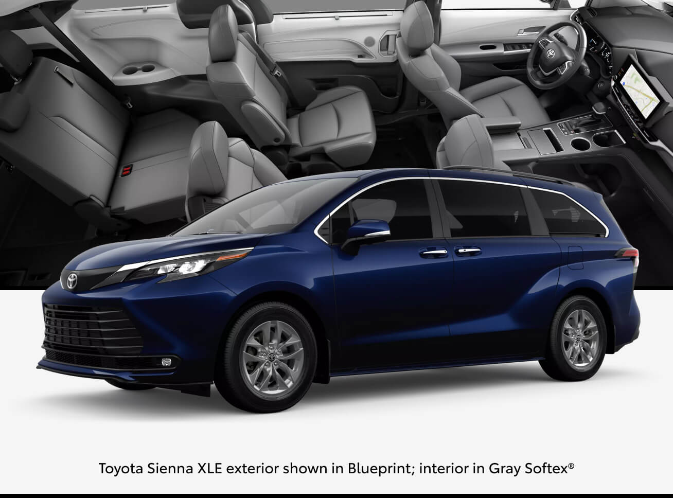 Toyota Sienna XLE in Blueprint with an interior shot of the vehicle in the background