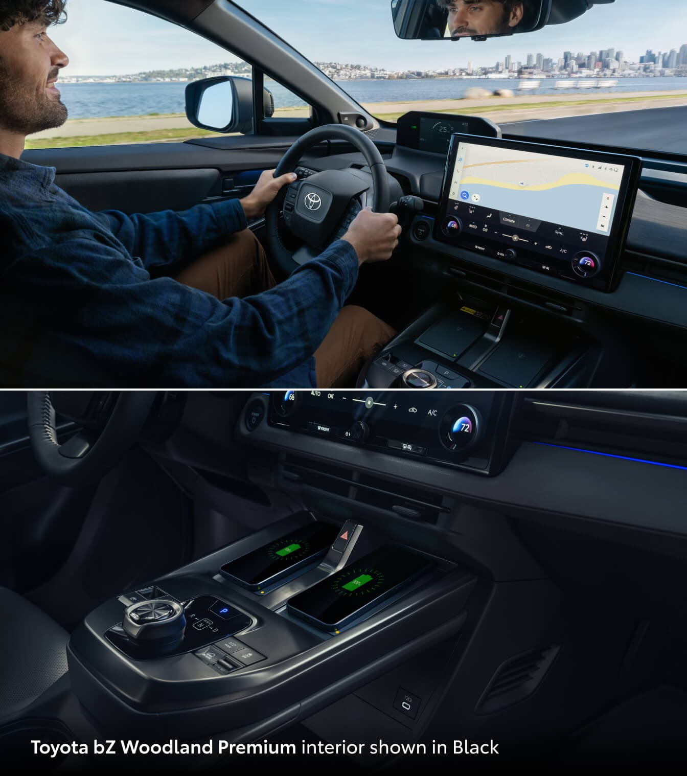 A man driving a 2026 Toyota bZ and another image of the center console/shifter inside the vehicle