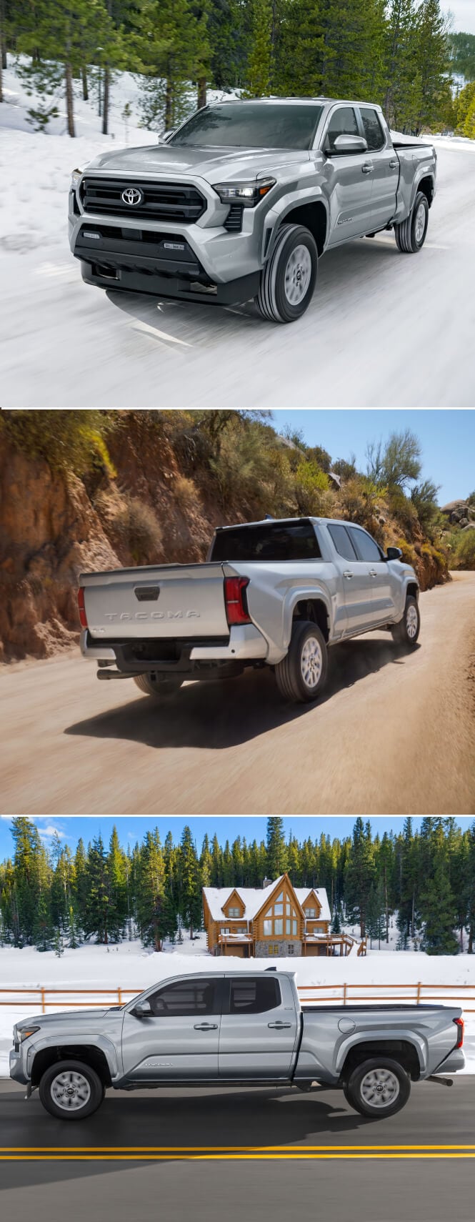 Three images of the 2024 & 2025 Toyota Tacoma SR5 Pickup Truck in different types of terrain