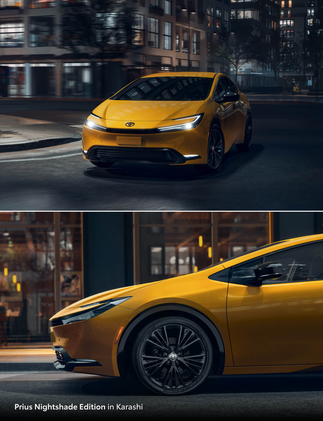 2026 Toyota Prius Nightshade Edition in Yellow driving at night in the city. with a close-up of its black alloy wheel.