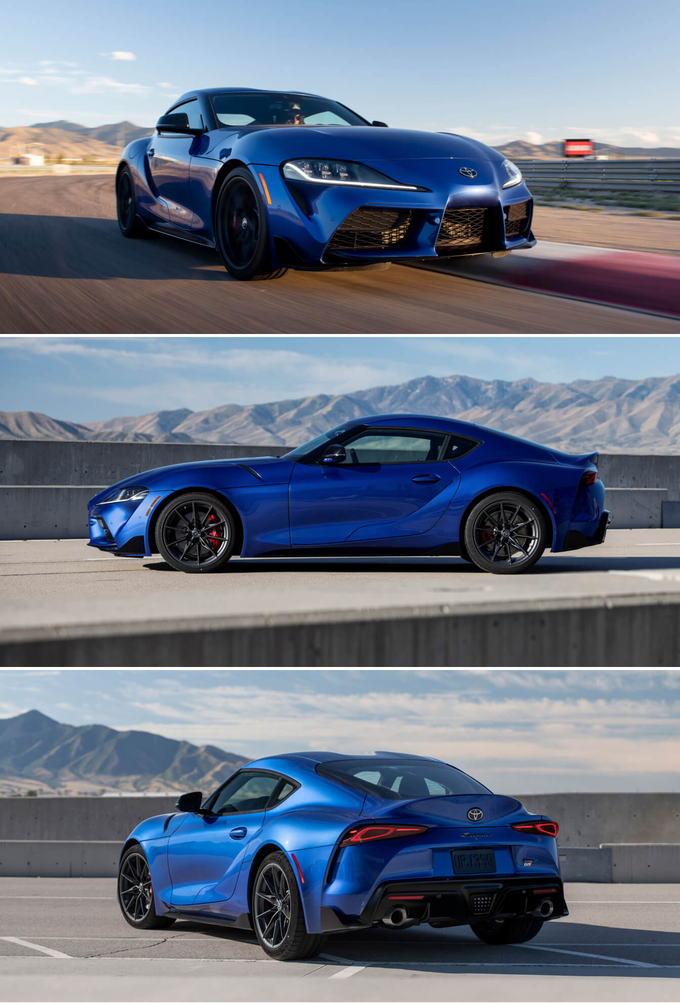 Three-view split of a blue 2026 Toyota GR Supra 3.0 Premium exterior angles on a racetrack with mountains.