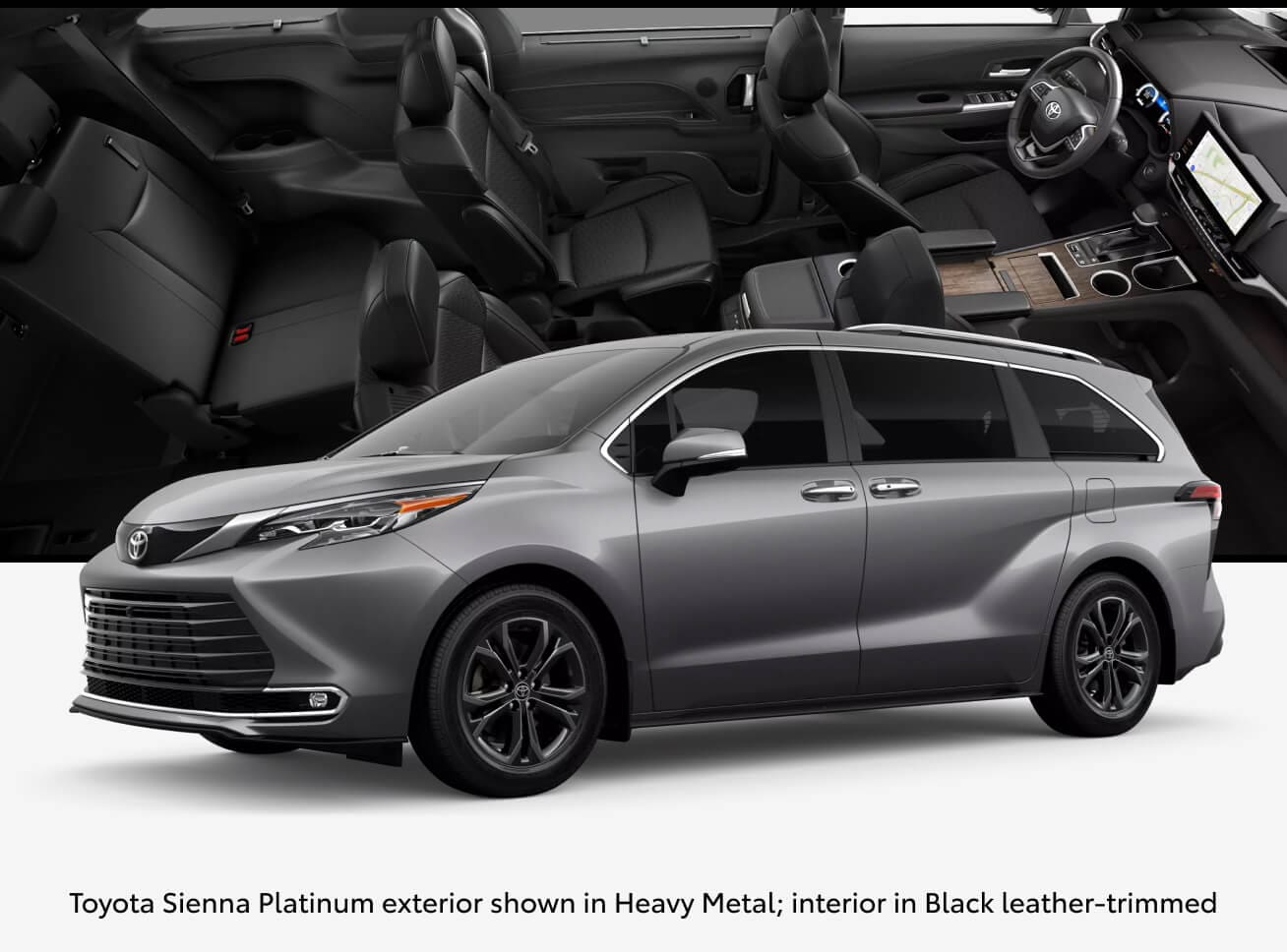 Toyota Sienna Platinum in Heavy Metal with an interior shot of the vehicle in the background