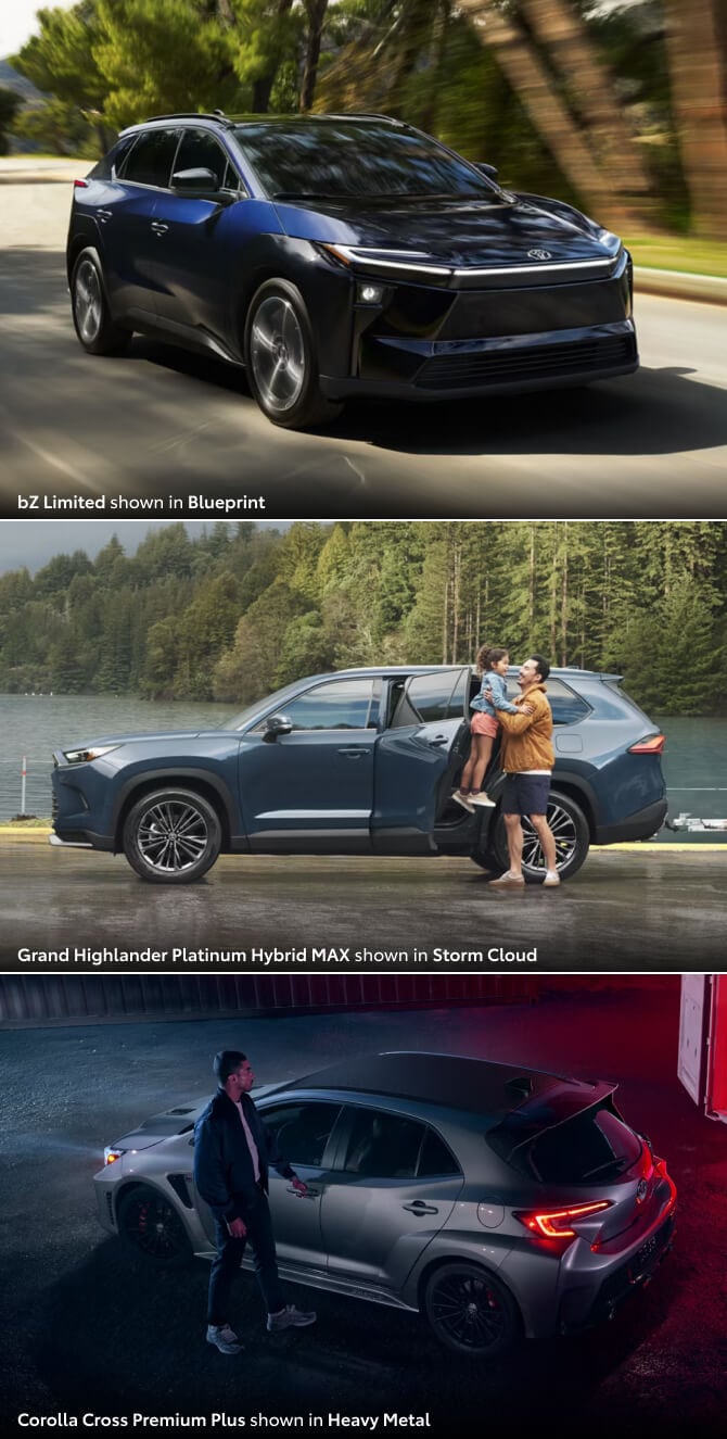 2026 bZ Limited shown in Blueprint, 2026 Grand Highlander Platinum Hybrid MAX shown in Storm Cloud, 2026 Corolla Cross Premium Plus shown in Heavy Metal
