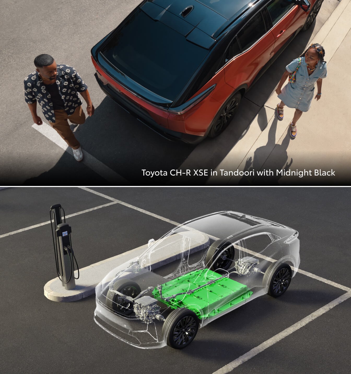2026 Toyota CH-R in Tandoori with a Midnight Black Hood and a graphic of the vehicle depicting the EV battery