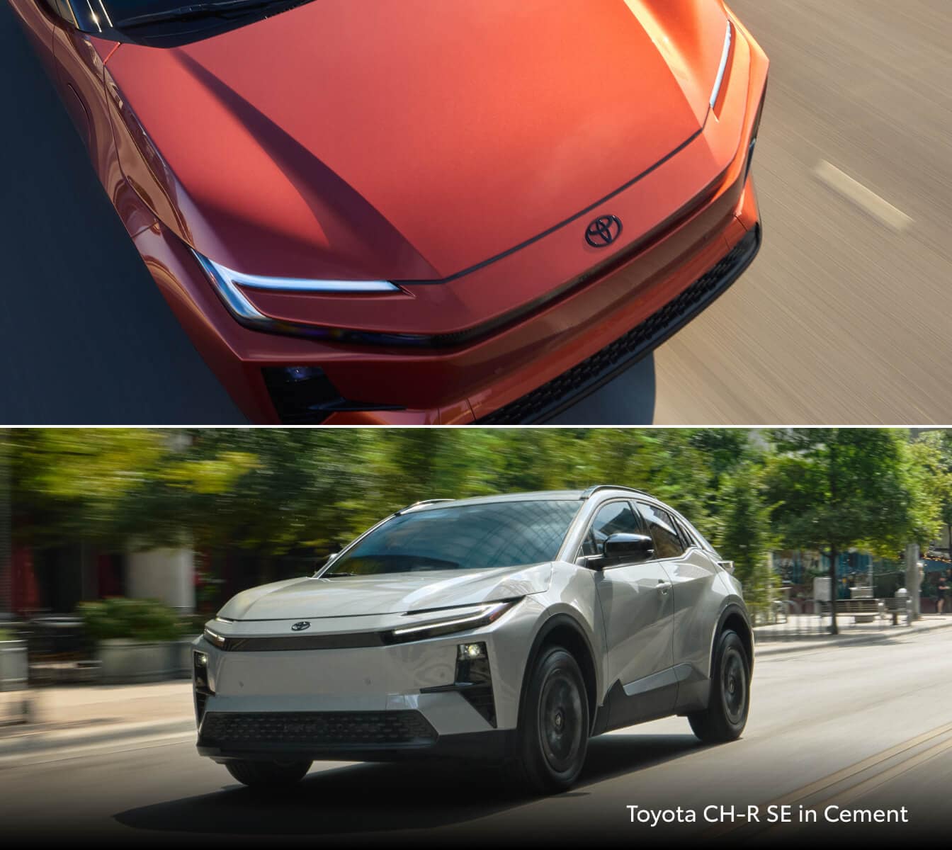 Exterior of a Toyota CH-R in Cement and overhead shot of the hood of a C-HR in red