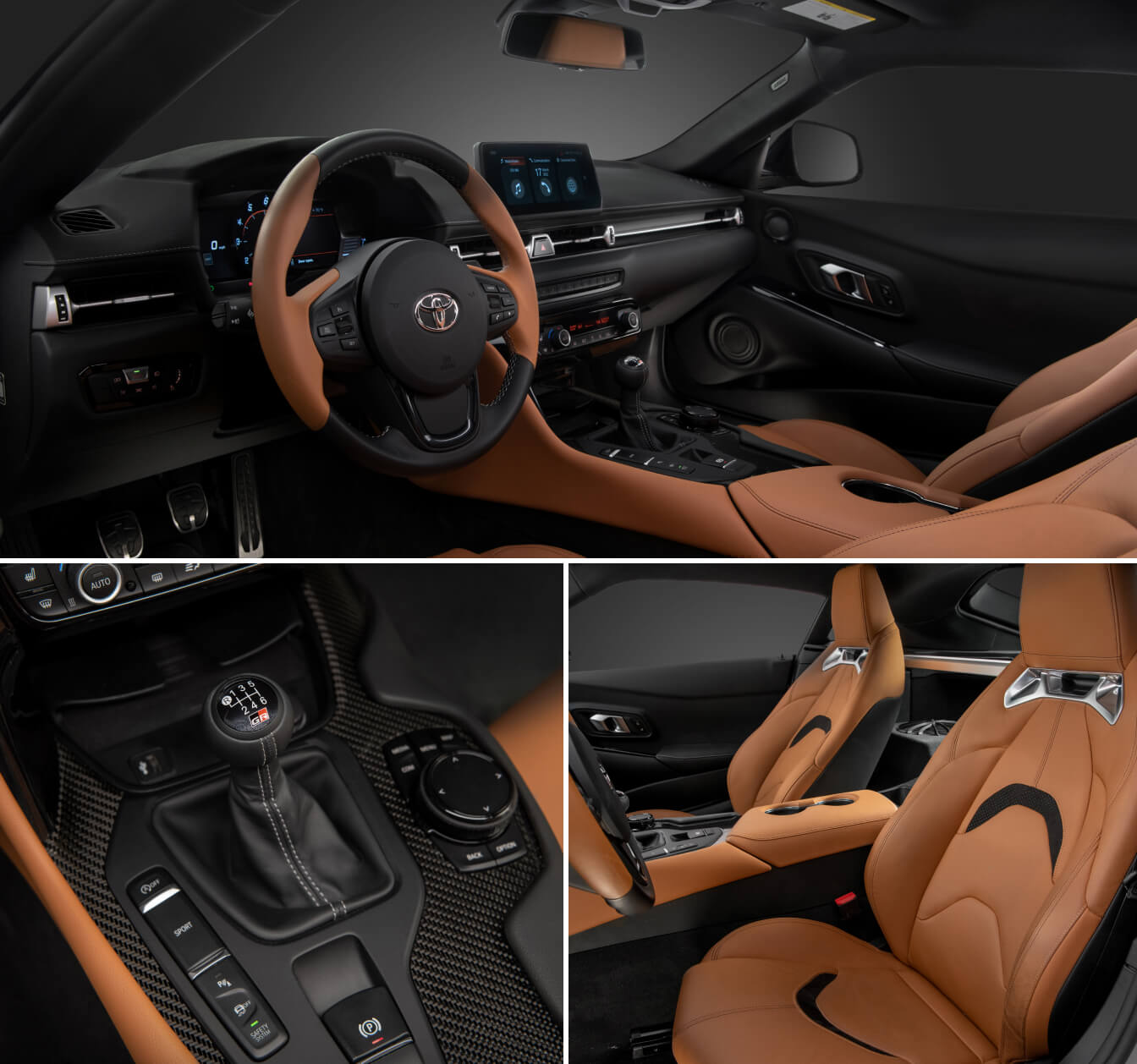 Split interior view of a 2026 Toyota GR Supra 3.0 Premium featuring tan leather sport seats and a manual shifter.