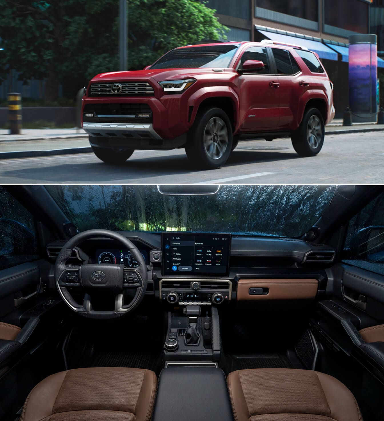 2025 Toyota 4Runner Limited in Supersonic Red & shots of the front seat featuring brown leather accents