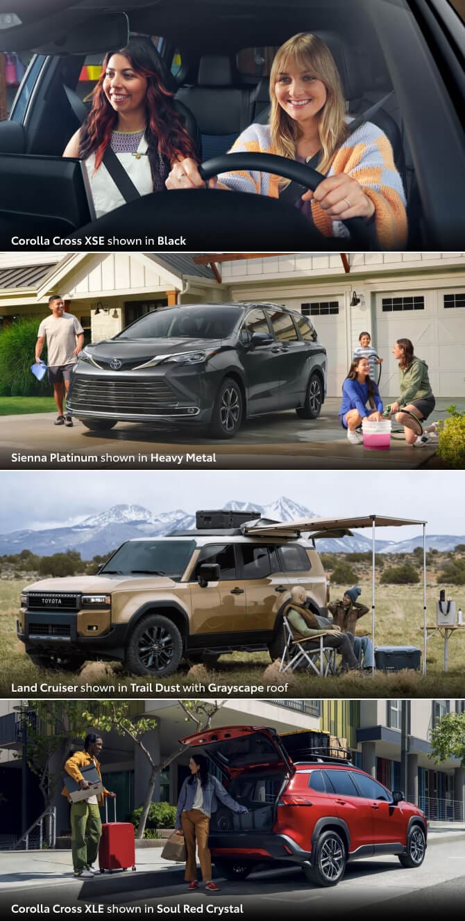 2026 Corolla Cross XSE shown in Black, 2026 Sienna Platinum shown in Heavy Metal, 2026 Land Cruiser shown in Trail Dust with Grayscape roof, 2026 Corolla Cross XLE shown in Soul Red Crystal