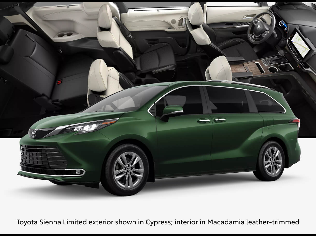 Toyota Sienna Limited in Cypress with an interior shot of the vehicle in the background