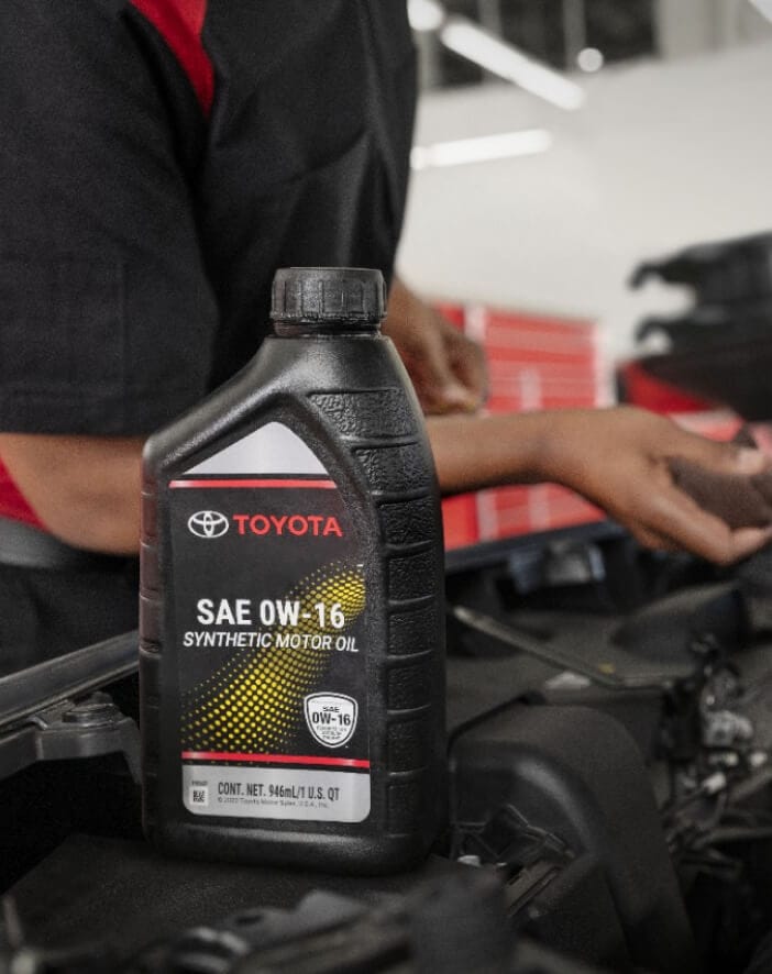 close-up image of Toyota Genuine Full Synthetic Motor Oil SAE 0W-16 used at McGee Toyota of Claremont Service Center