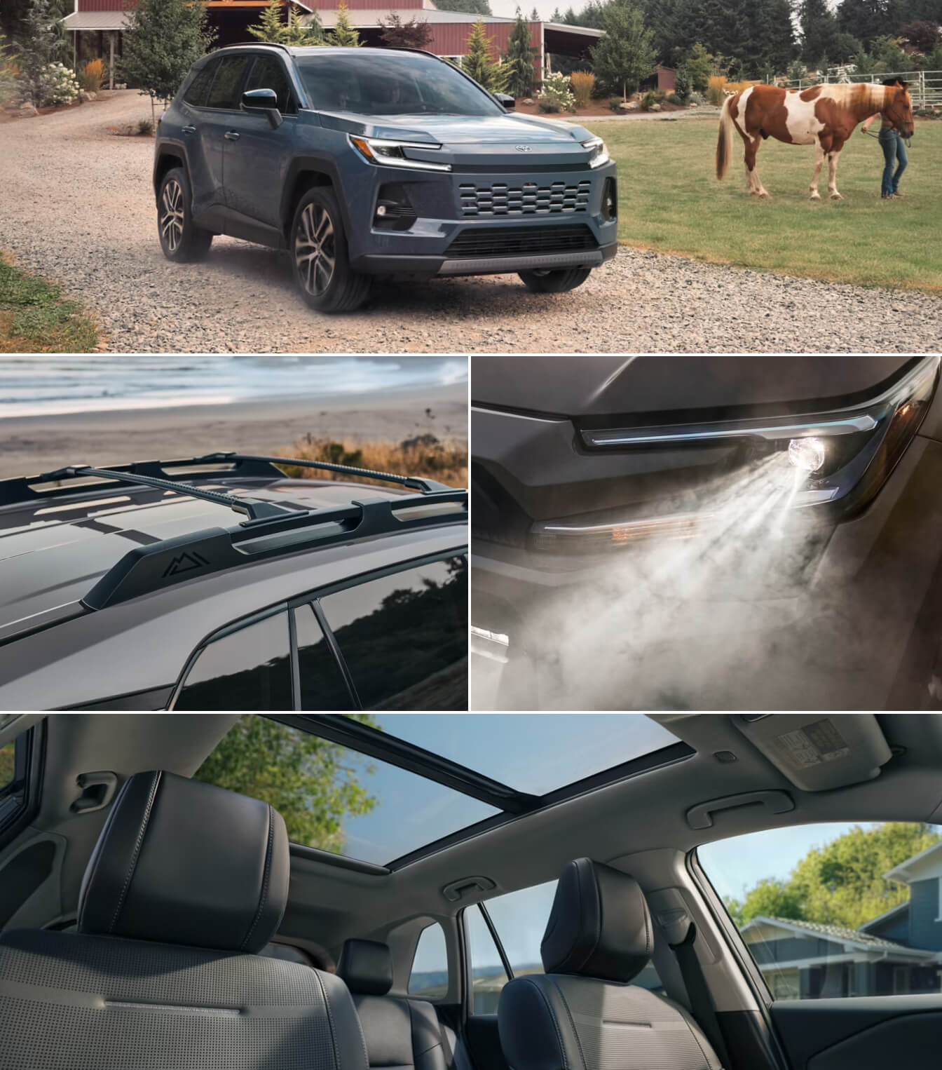 Collage of 6 images, all of the 2026 Toyota RAV4 Limited in Storm Cloud blue