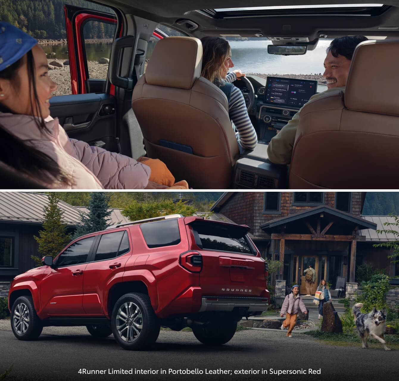 Interior and exterior images of a family in their Supersonic Red Toyota 4Runner with Portobello Leather interior