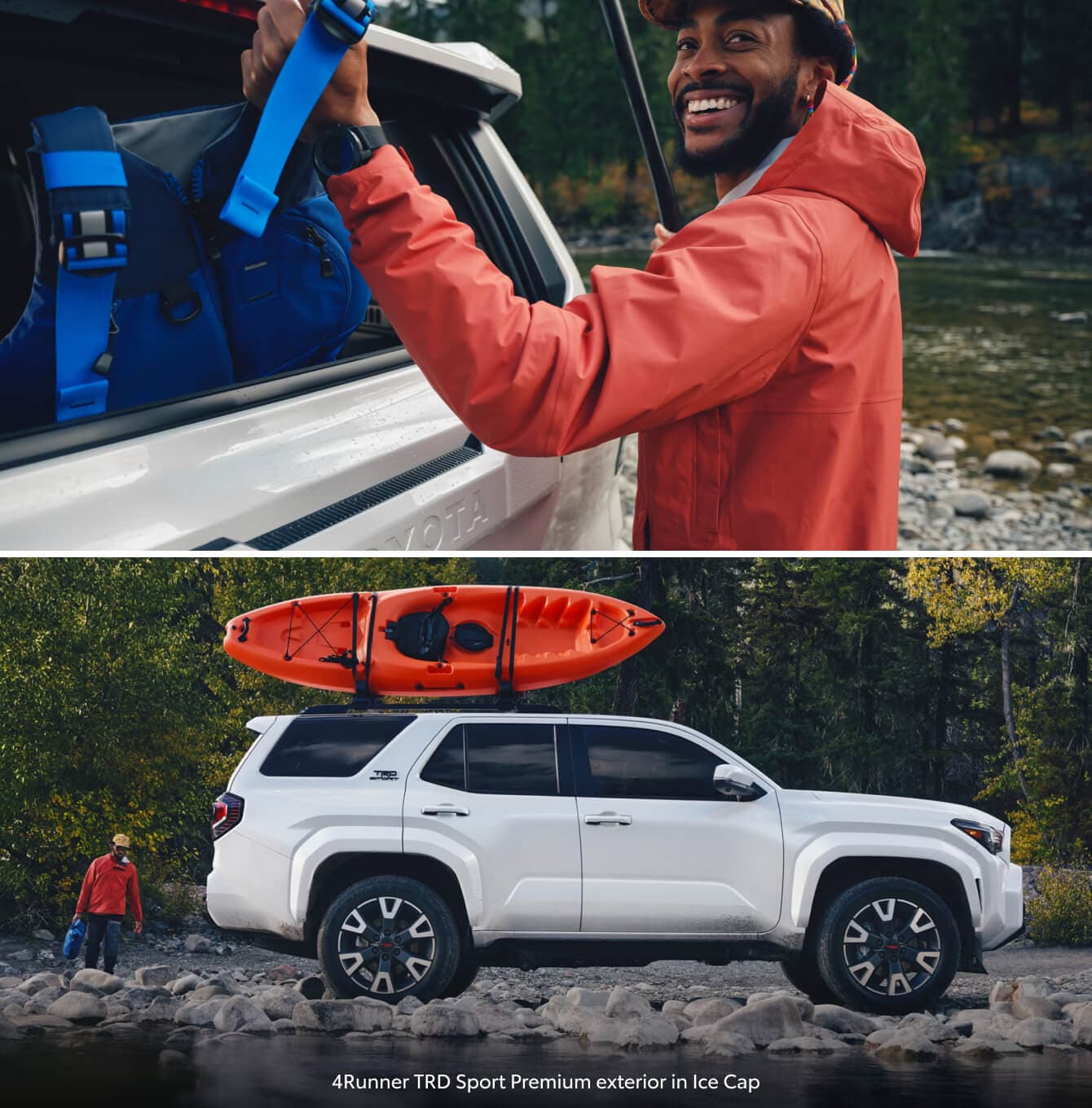 Two pictures of a man packing a kayak and life jacket in his white 2026 Toyota 4Runner TRD Sport Premium