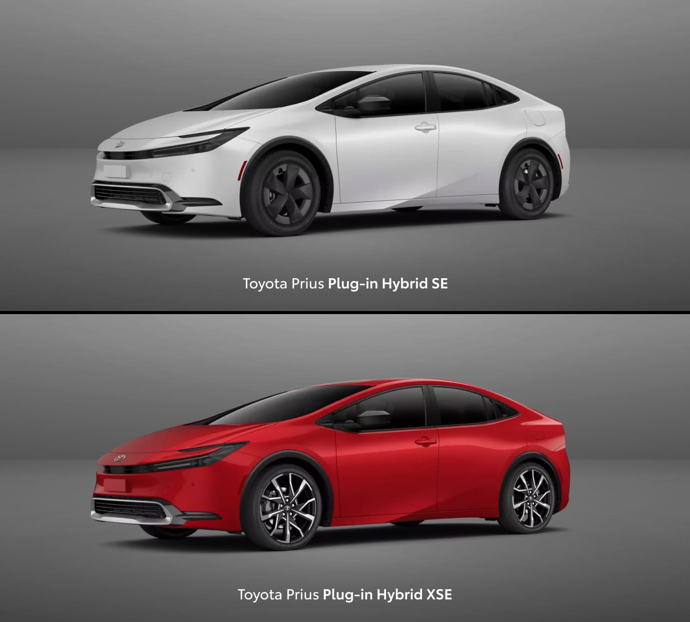 Toyota Prius Plug-in Hybrid SE and XSE models shown in different exterior colors from front three-quarter views.