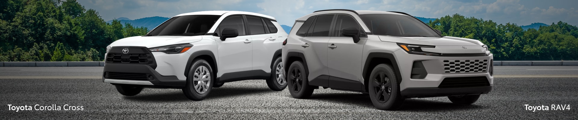 2026 Toyota Corolla Cross & RAV4 parked side-by-side, facing away from each other on gravel