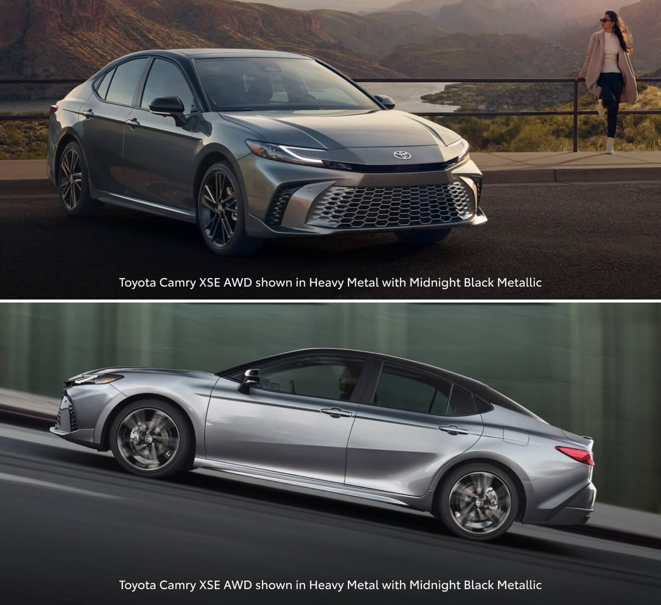 Front and side view shots of a 2026 Toyota Camry XSE AWD in Heavy Metal