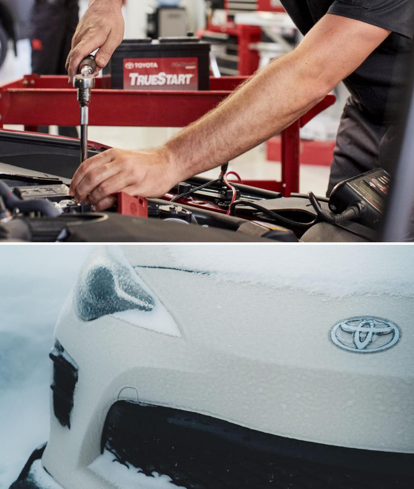 Toyota Camry LE engine compartment with technician replacing TrueStart battery inside service bay. Toyota 86 GT in Halo Pearl covered in a fresh layer of winter snow.