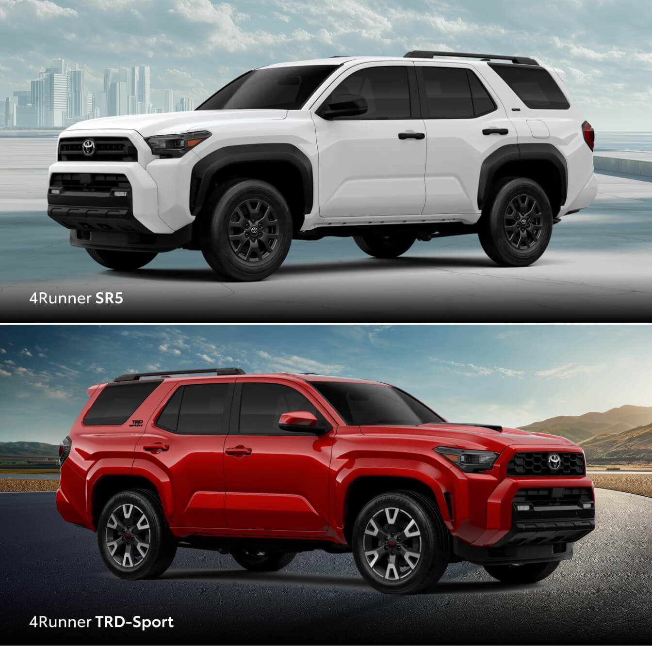 A white 2026 Toyota 4Runner SR5 and a red 2026 Toyota 4Runner TRD Sport