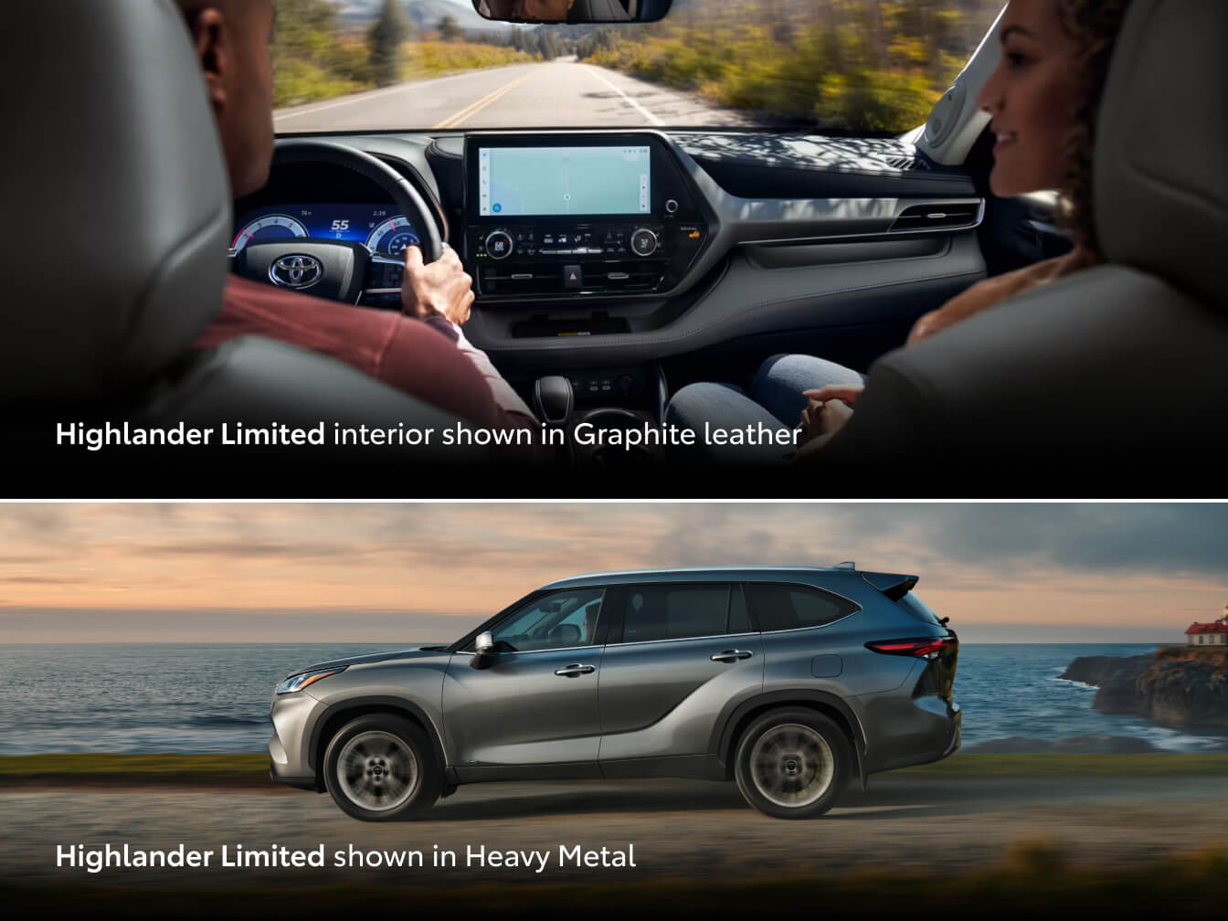 Interior dashboard and exterior shot of a Toyota Highlander Hybrid Limited in Heavy Metal with Graphite leather interior