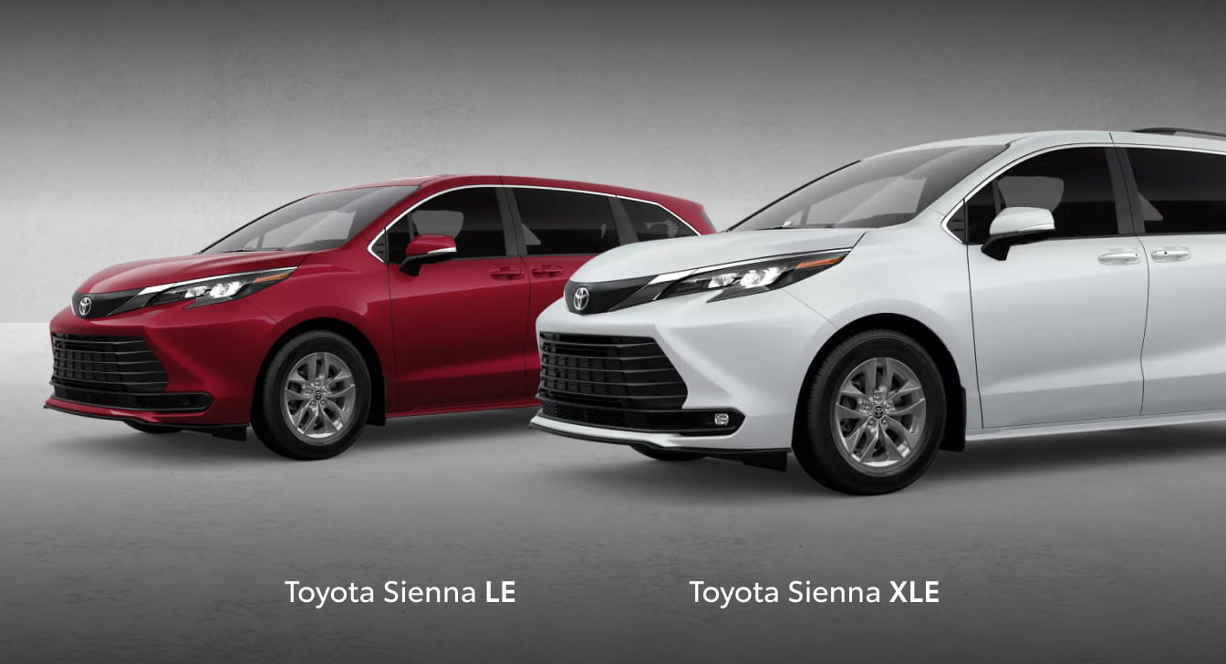 Toyota Sienna LE in Ruby Flare Pearl and Toyota Sienna XLE in Wind Chill Pearl.