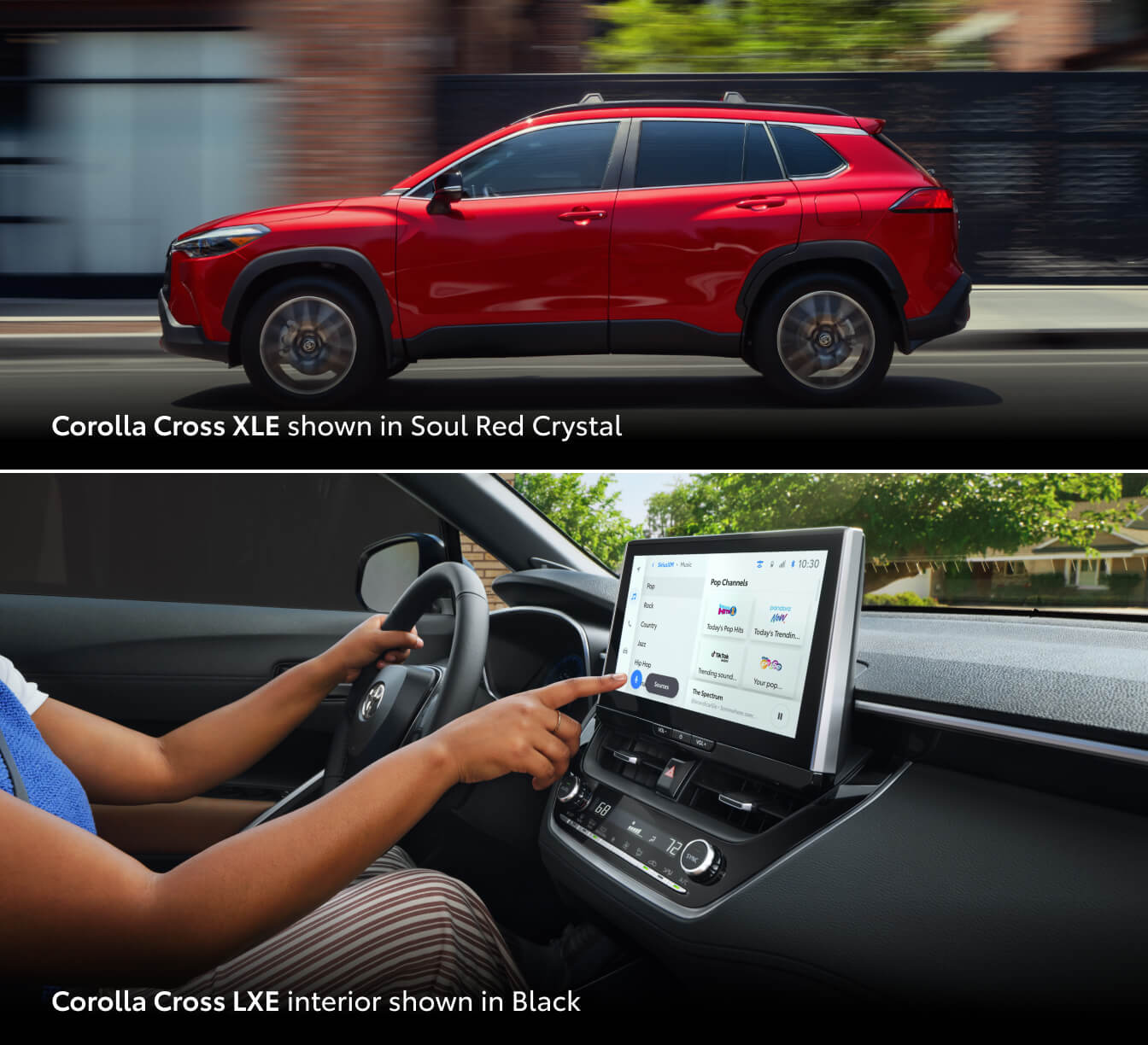 Interior dashboard and exterior pictures of a 2026 Toyota Corolla Cross LXE in red with black interior