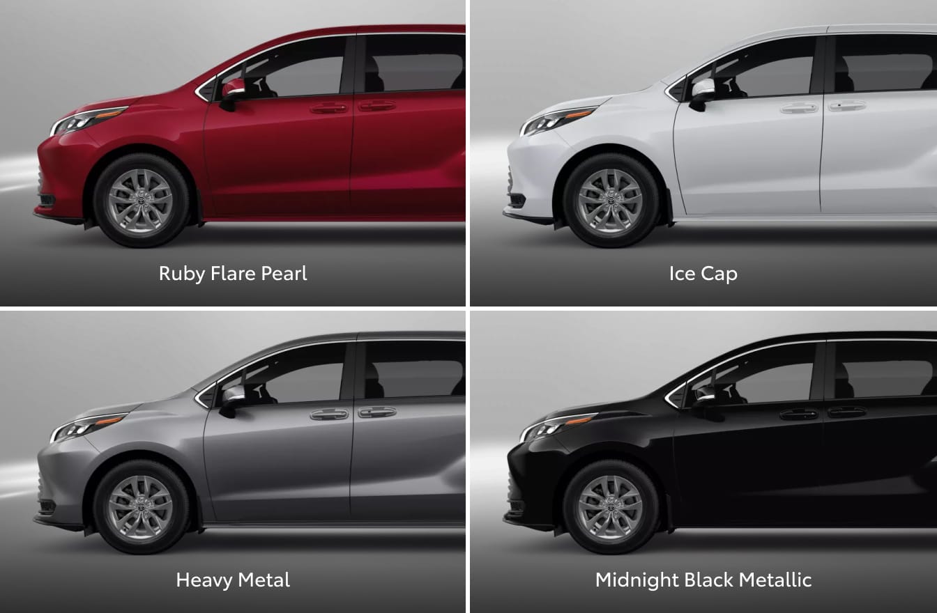 Four Toyota Sienna minivans shown in Ruby Flare Pearl, Ice Cap, Heavy Metal, and Midnight Black Metallic.