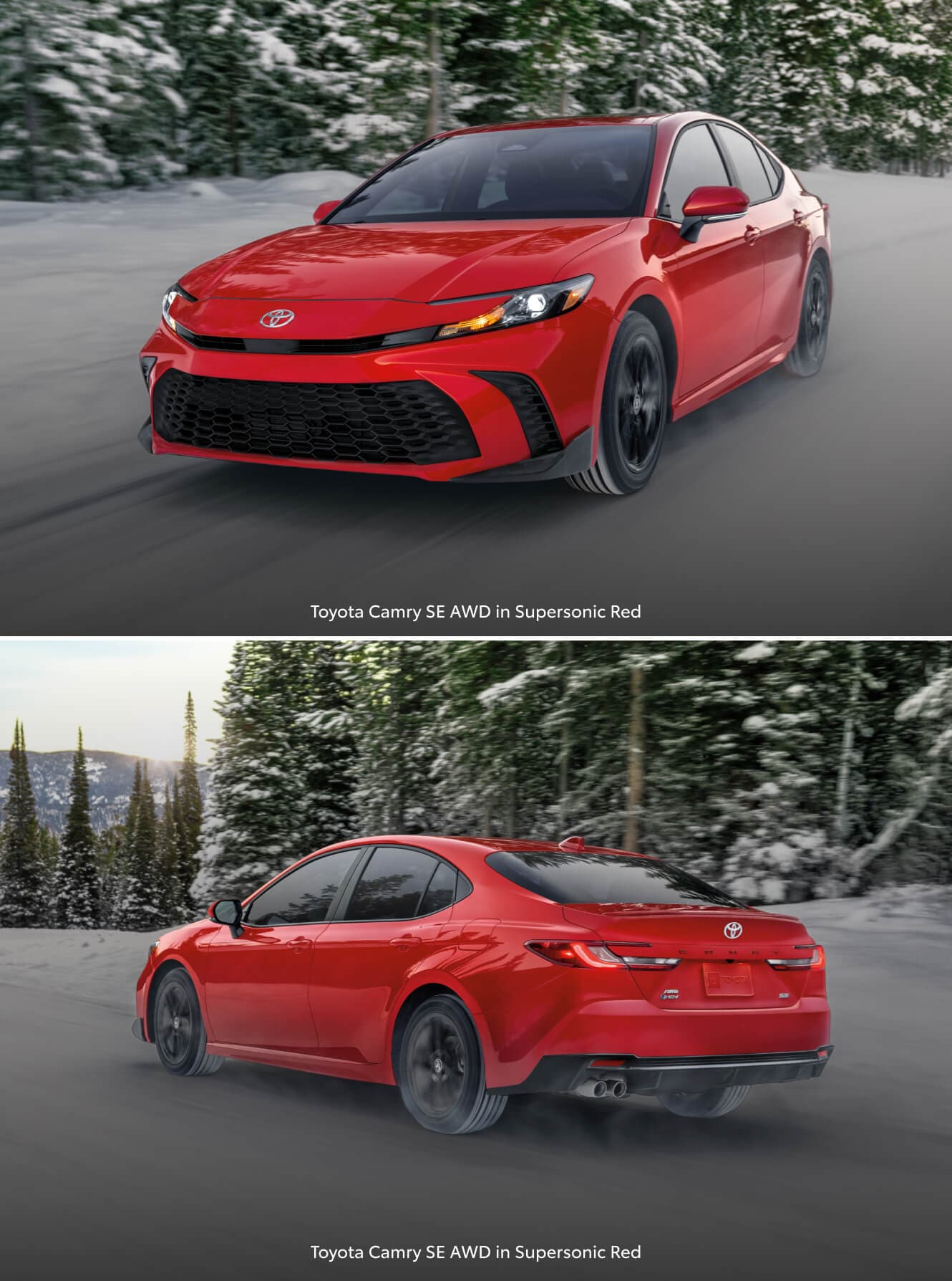 Front and rear three-quarter view shots of a 2026 Toyota Camry SE AWD in Supersonic Red in front of snowy pine trees