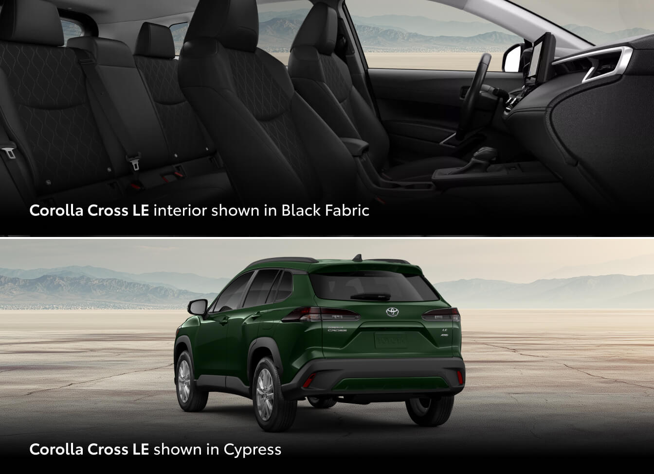 Interior and exterior pictures of a 2026 Toyota Corolla Cross LE in green with black interior