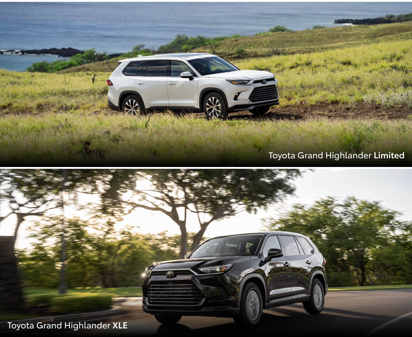 Various angle of 2026 Toyota Grand Highlander trims: Platinum, Limited, and XLE.