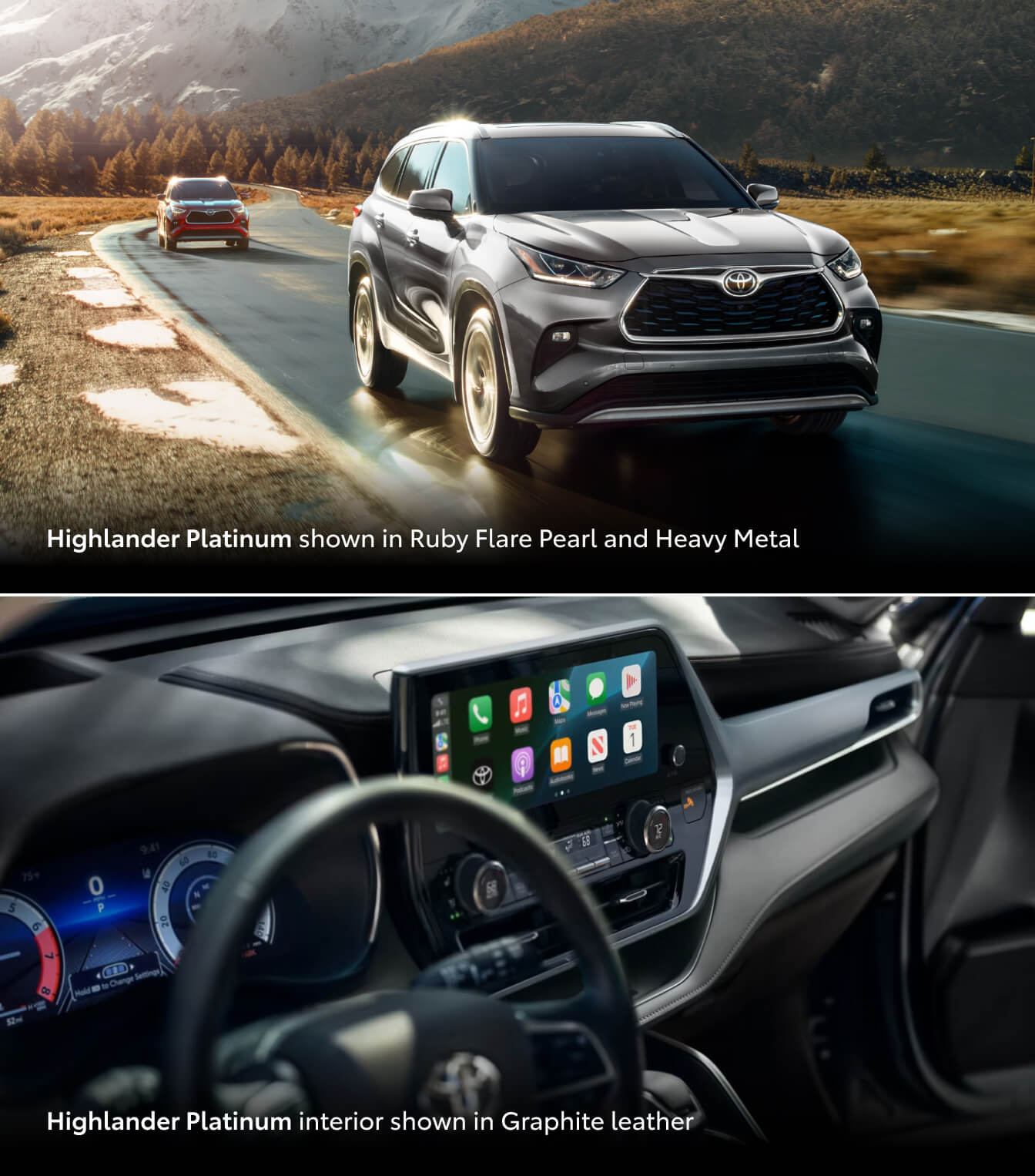 Dashboard and exterior view of a Toyota Highlander Hybrid Platinum