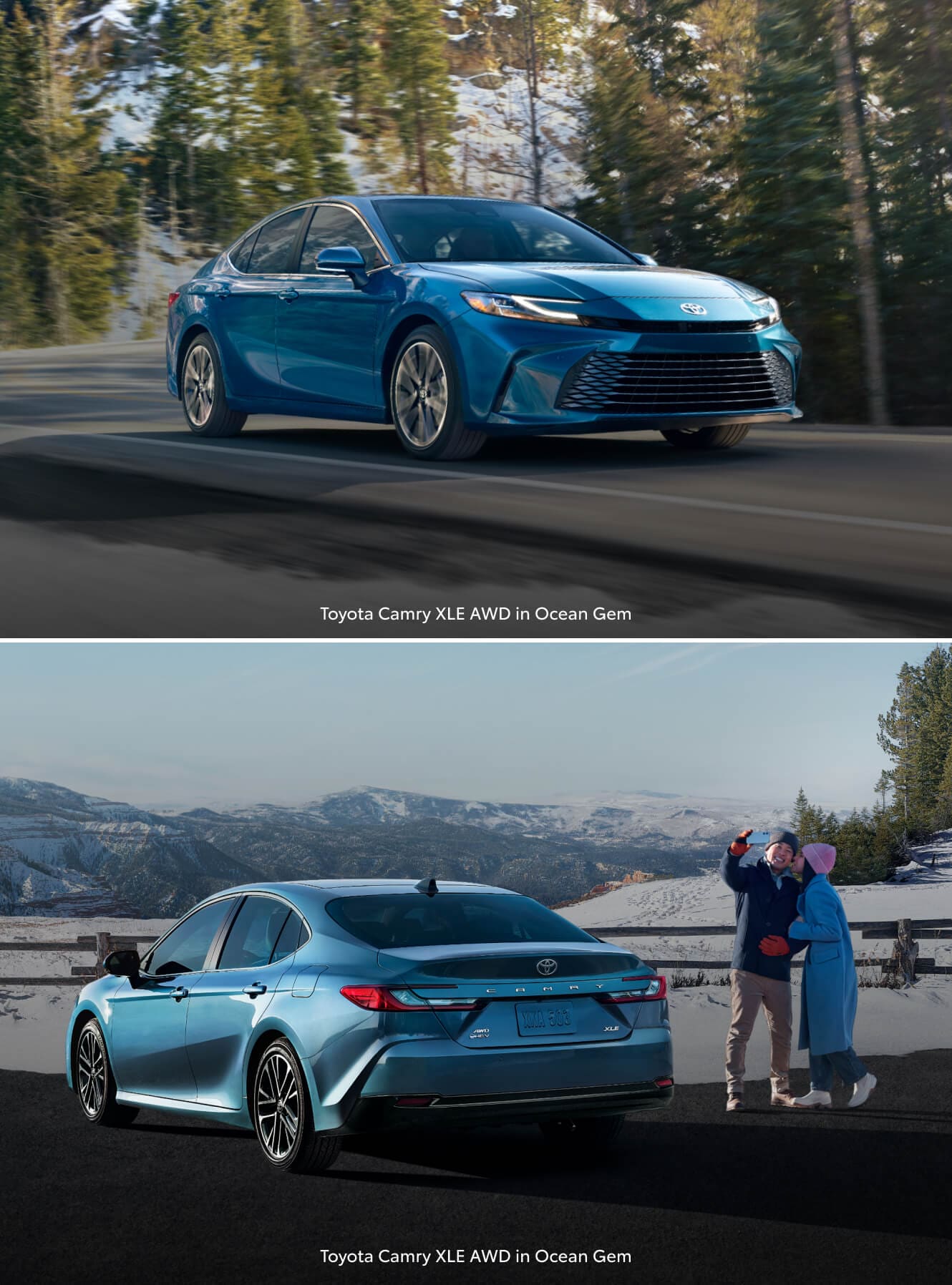 Two images of a 2026 Toyota Camry XLE AWD in Ocean Gem