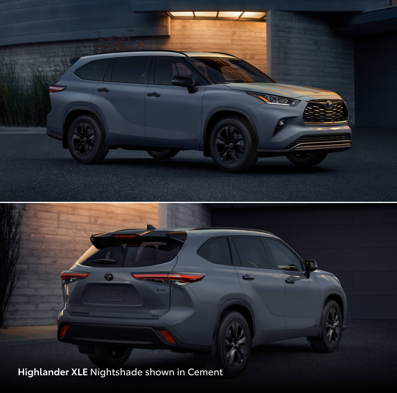 Two exterior shots of a Toyota Highlander Hybrid XLE Nightshade in Cement color outside a brick building at night