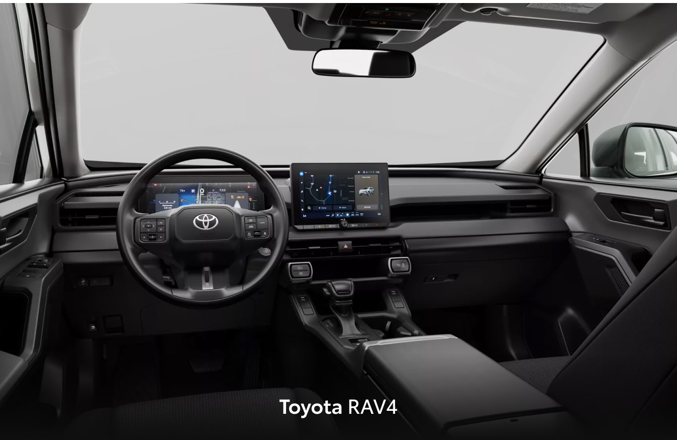 Interior front seat and dashboard view in a Toyota RAV4