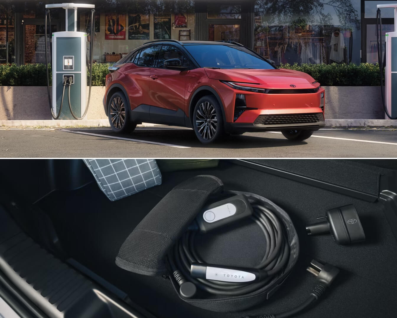 Top image: 2026 C-HR XSE in Tandoori with Midnight Black Metallic roof. Bottom image: Toyota Portable dual-voltage charging cable