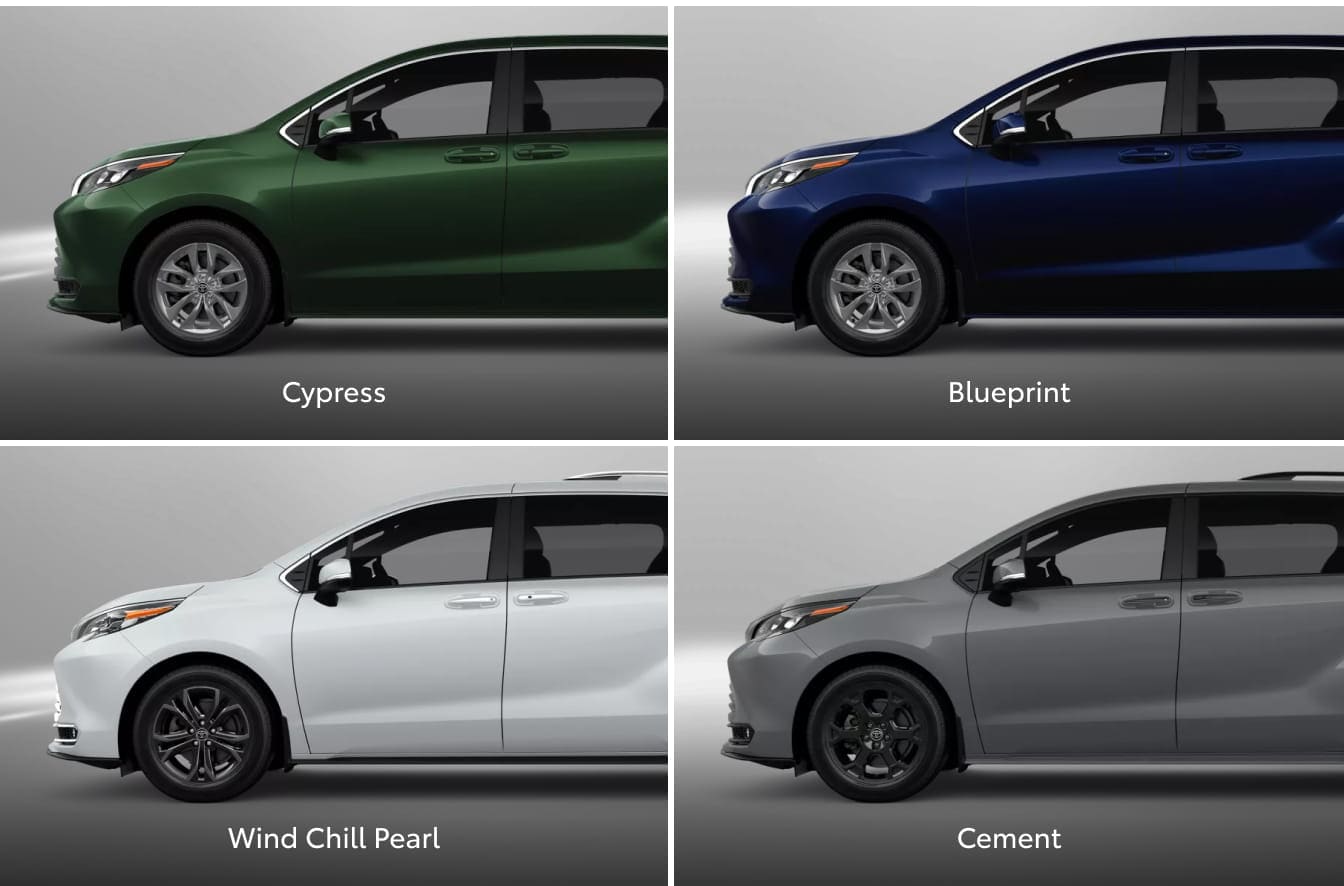 our Toyota Sienna minivans shown in Cypress, Blueprint, Wind Chill Pearl, and Cement.