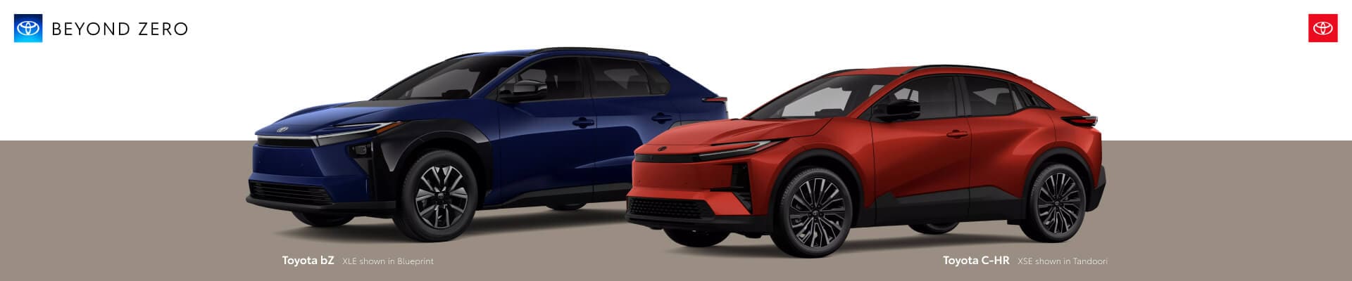 Comparative vehicle lineup showing a Blueprint 2026 Toyota bZ XLE and a Tandoori 2026 Toyota C-HR XSE.
