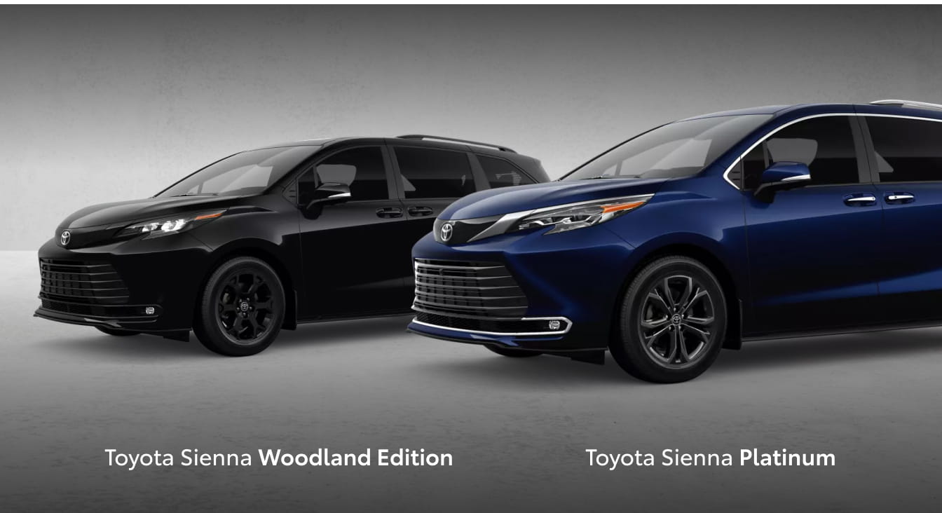 Toyota Sienna Woodland in Midnight Black Metallic and Toyota Sienna Platinum in Blueprint.