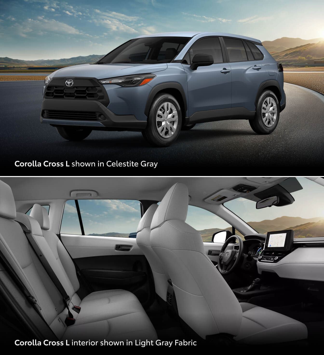 Interior and exterior pictures of a 2026 Toyota Corolla Cross L in blueish grey with light gray interior