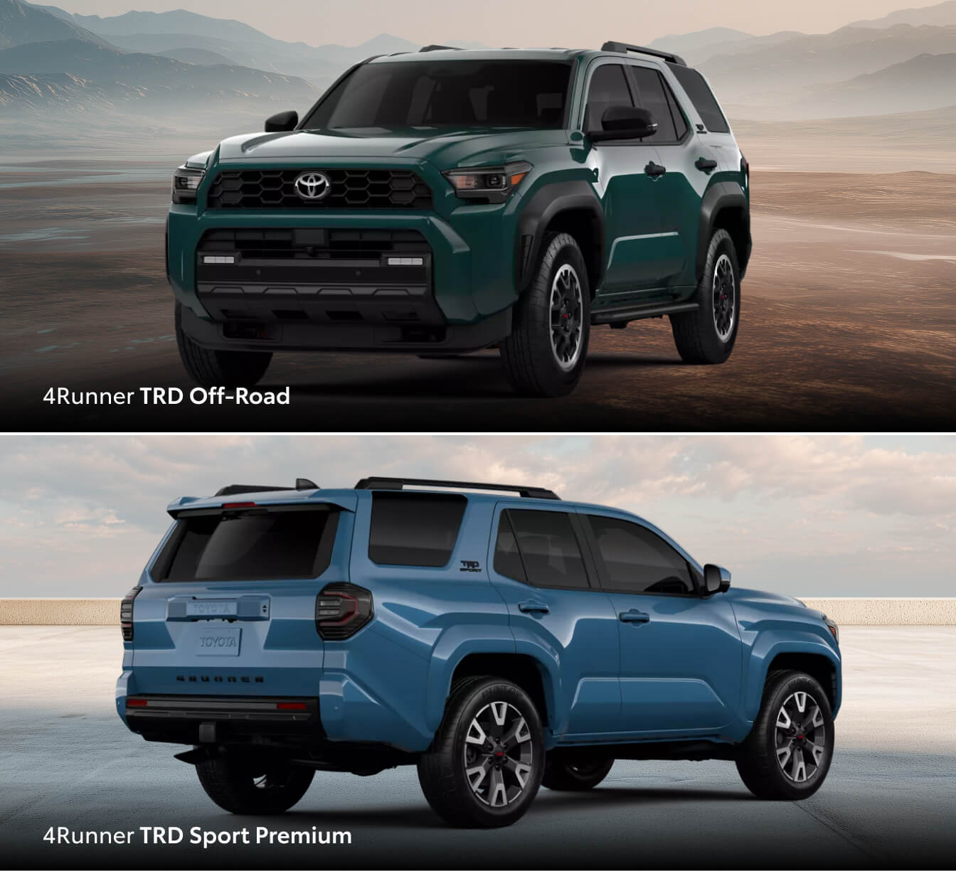 A green 2026 Toyota 4Runner TRD Off-Road and a blue 2026 Toyota 4Runner TRD Sport Premium