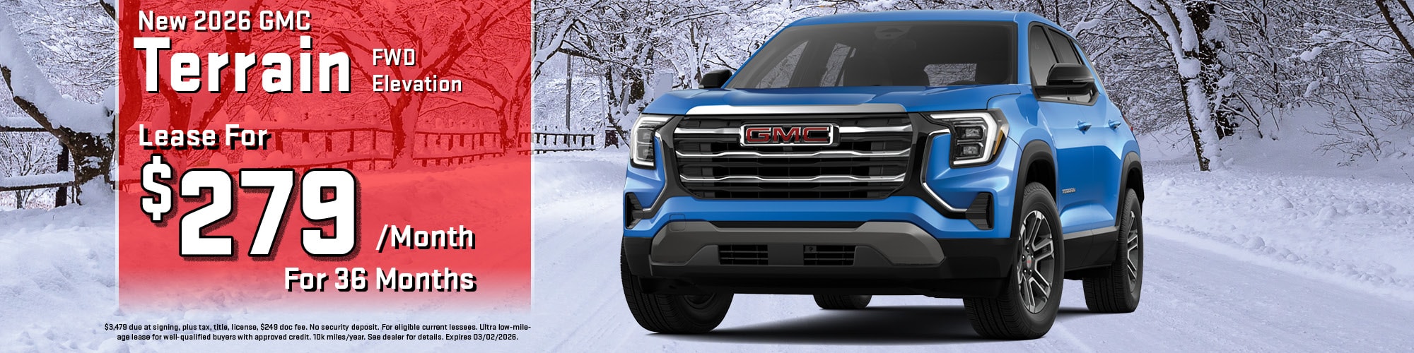 Lease a new 2026 GMC Terrain for $279 per month for 36 months.