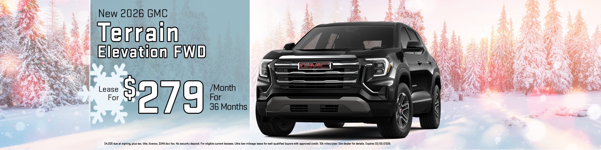 Lease a new 2026 GMC Terrain for $279 per month for 36 months.