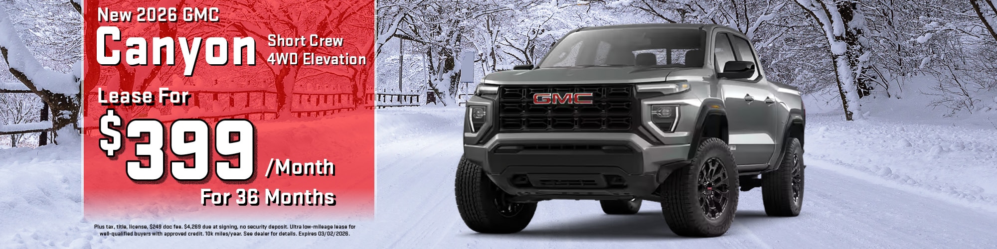Lease a new 2026 GMC Canyon for $399 per month for 36 months.