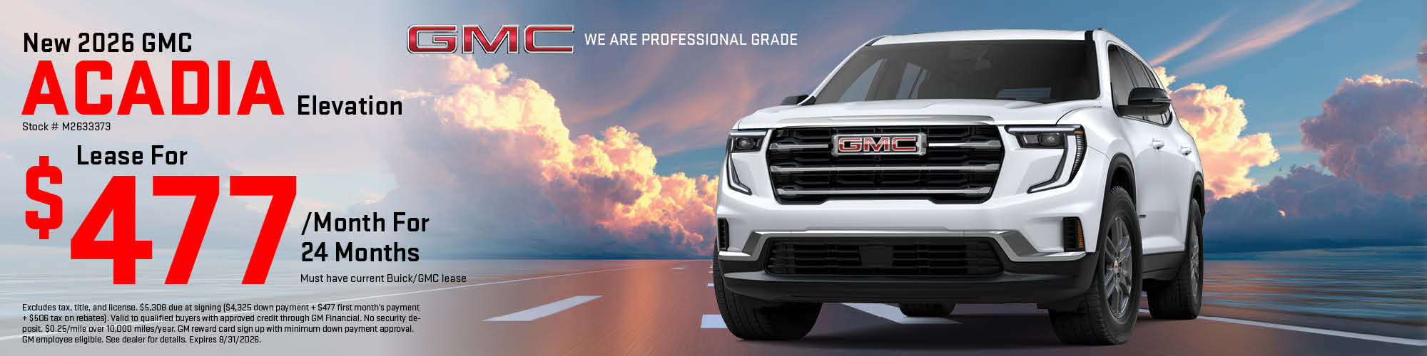 Lease a new 2026 GMC Acadia for $477 per month for 24 months