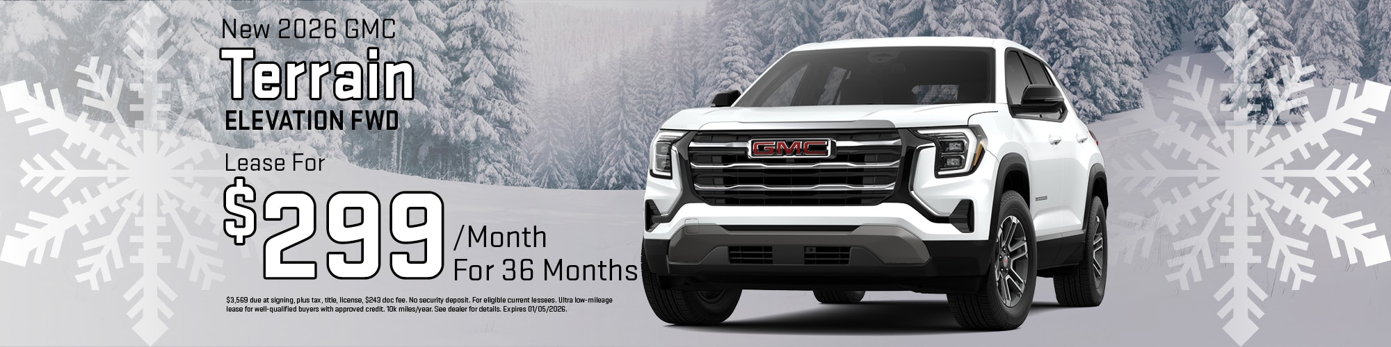 Lease a new 2025 GMC Terrain for $299 per month for 36 months.