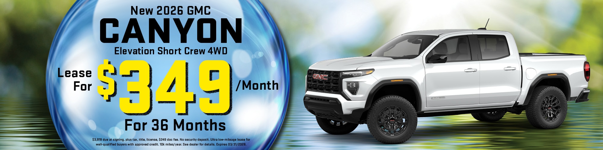 Lease a new 2026 GMC Canyon for $349 per month for 36 months