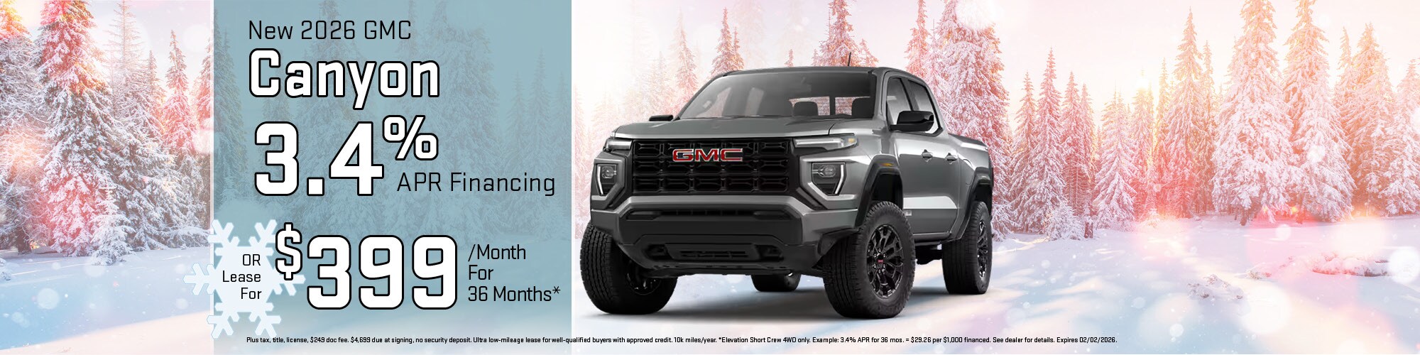Lease a new 2026 GMC Canyon for $399 per month for 36 months.