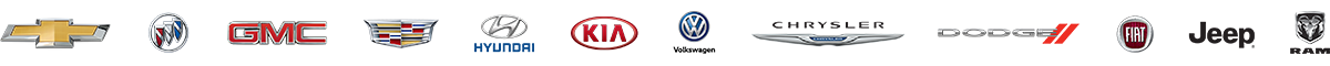 Chevy, Buick, GMC, Cadillac, Hyundai, Kia, VW, Chrysler, Dodge, Fiat, Jeep Ram logos