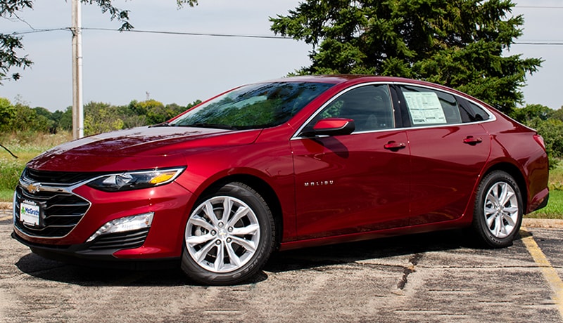 2019 Cajun Red Chevy Malibu LT front exterior parked in a lot