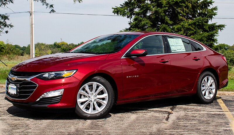 2019 Cajun Red Chevy Malibu LT front exterior parked in a lot
