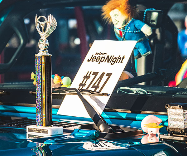 Jeep hood with ducks, trophy and registration number card